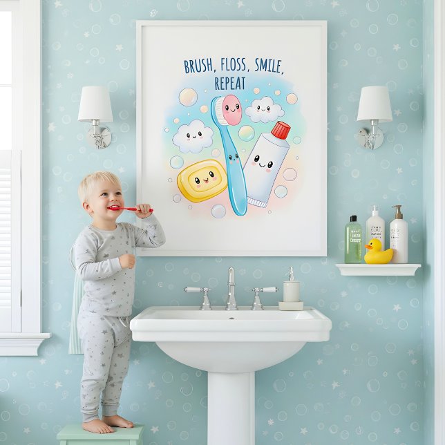 Póster Brush, Floss, Flush, Wash Kids Bathroom Wall Art (Subido por el creador)