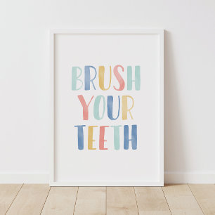 Póster Brush Your Teeth Colorful Kids Bathroom Poster