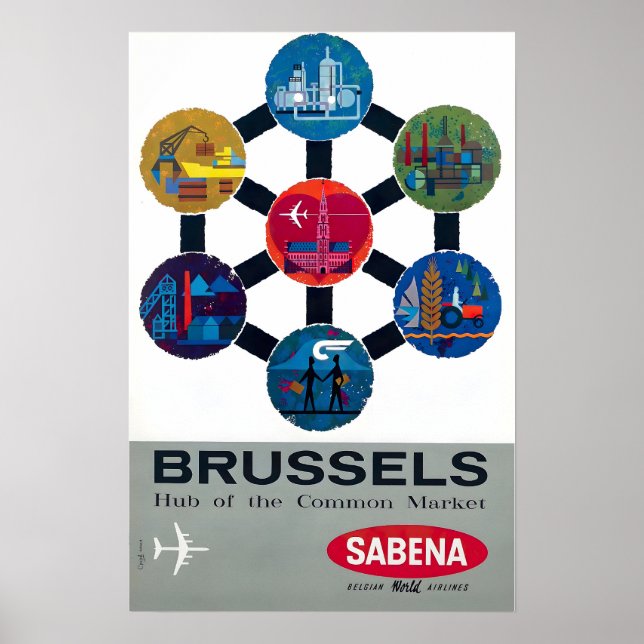 Póster Brussels Print Belgium Art Sebena Airlines Travel  (Frente)