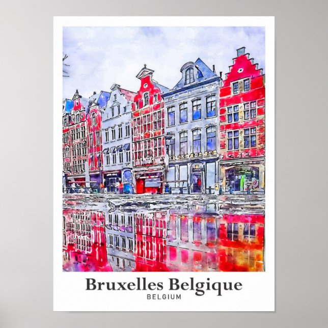Póster Bruxelles Belgique Bélgica Travel Watercolor (Frente)