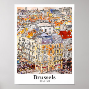Póster Bruxelles de color de agua para viajes en Bruselas