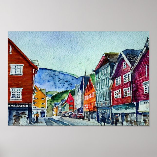 Póster bryggen bergen norway acuarela (Frente)