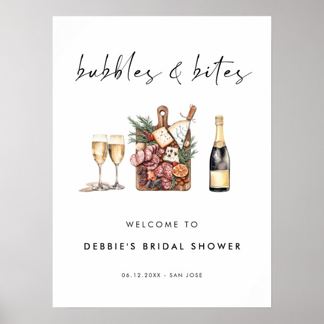 Póster Bubbles and Bites Bridal Shower Welcome (Frente)
