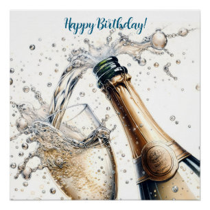 Póster Bubbly champagne Happy Birday