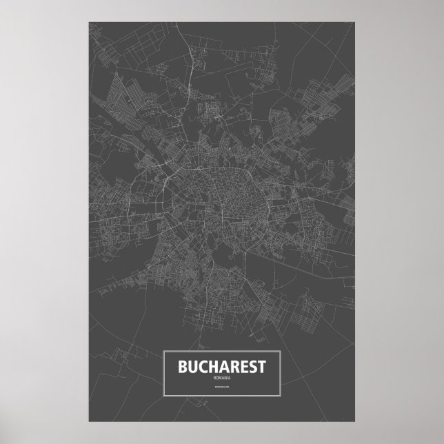 Póster Bucarest, Rumania (blanco sobre negro) (Frente)