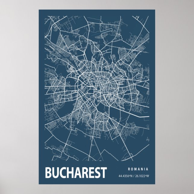Póster Bucarest Rumanía City Map Line Art Blue Print (Frente)