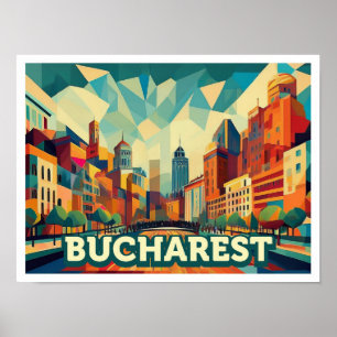 Póster Bucarest Rumanía viaje artístico colorido