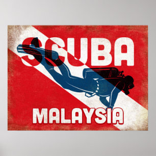 Póster Buceador de Scuba de Malasia - Retro azul