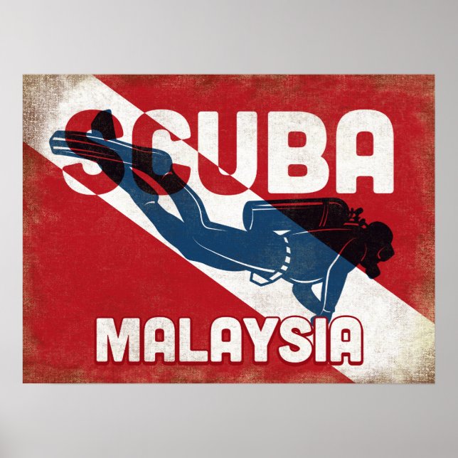 Póster Buceador de Scuba de Malasia - Retro azul (Frente)