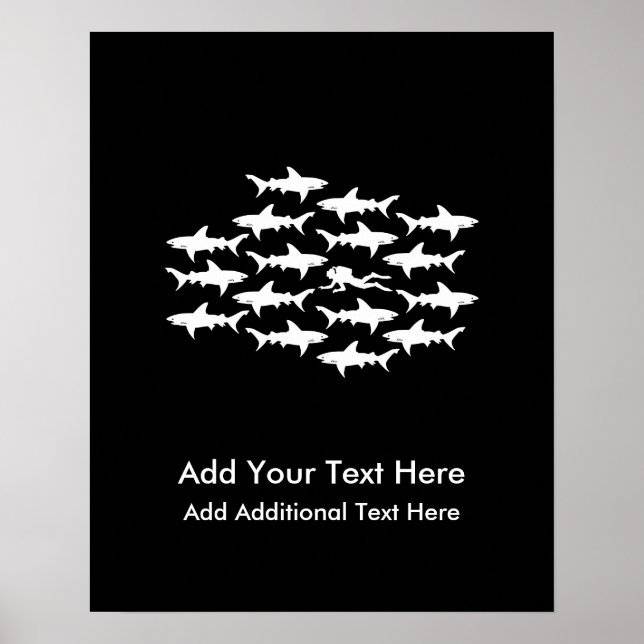 Póster Buceador de Scuba nadando con una escuela de tibur (Frente)