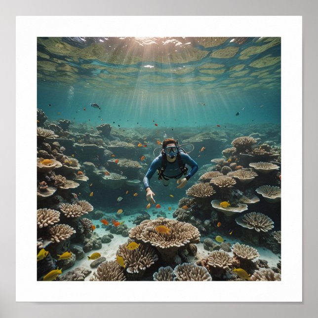 Póster Buceador disfrutando de un arrecife saludable (Frente)