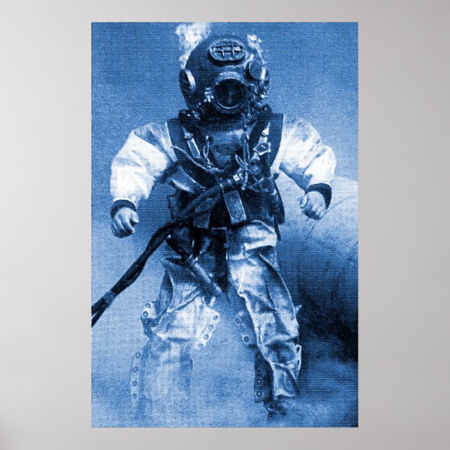 Póster buceo antiguo con casco de latón color azul (Frente)