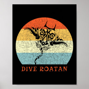 Póster Buceo Roatan Vintage Retro Tril Stingray Vacacione
