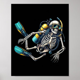 Póster Buceo Scuba Halloween Skeleton Scuba Diver