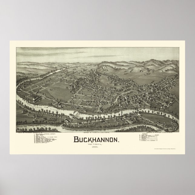 Póster Buckhannon, WV Mapa Panorámico - 1900 (Frente)