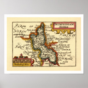 Póster Buckinghamshire County England Mapa Anticuario Ant