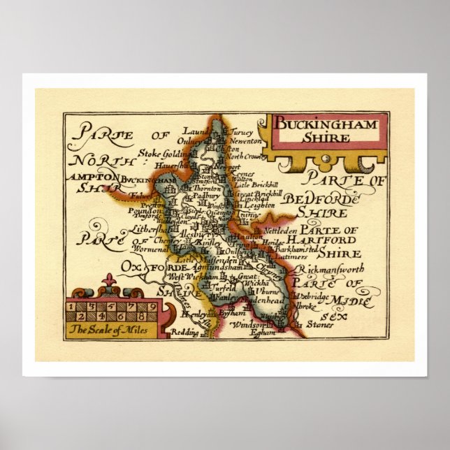 Póster Buckinghamshire County England Mapa Anticuario Ant (Frente)