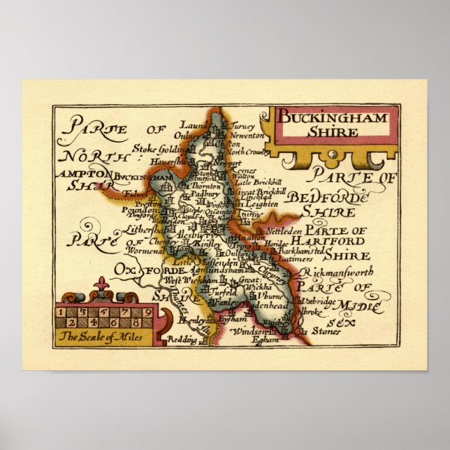 Póster Buckinghamshire County England Mapa Anticuario Ant (Frente)