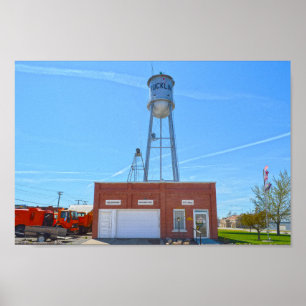 Póster Bucklin, Kansas, Ayuntamiento y Torre del Agua