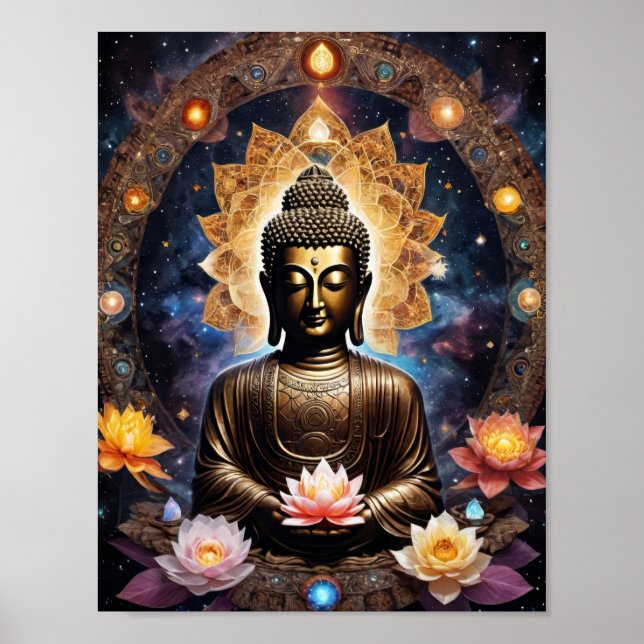 Póster Buda meditando con flores de loto (Frente)