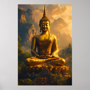 Póster Buda sentado dorado bajo un cielo de puesta de sol