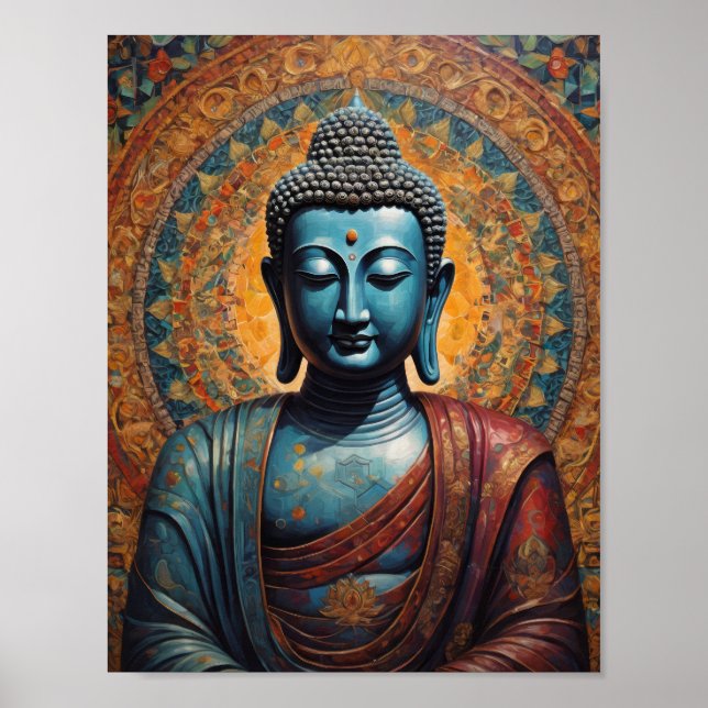 Póster Buda tibetano meditando sobre fondo dorado (Frente)
