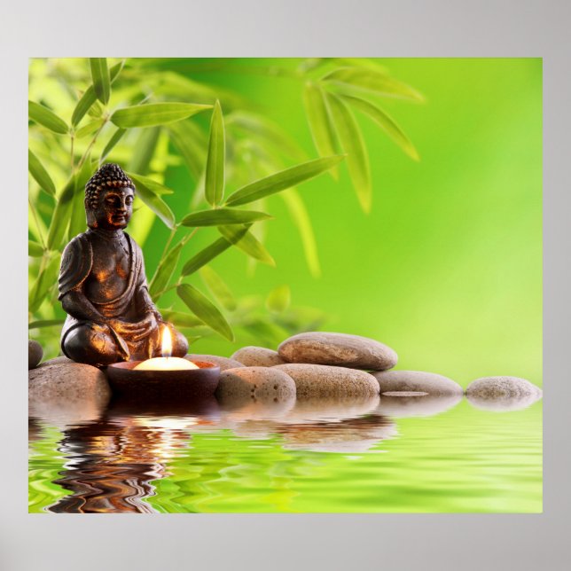 Póster Buda, verde, zen, paz, meditación, quietud, yoga (Frente)