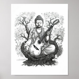 Póster Buda vintage tocando guitarra yoga meditación budi