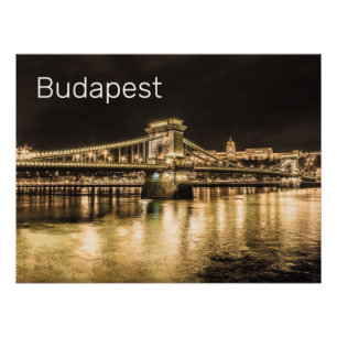 Póster Budapest Chain Bridge Hungría Retro Noche Vintage