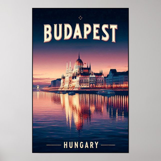 Póster Budapest de noche - Un Poster de viajes de época (Frente)