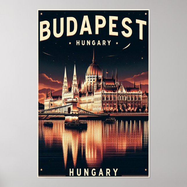 Póster Budapest de noche - Un Poster de viajes de época (Frente)