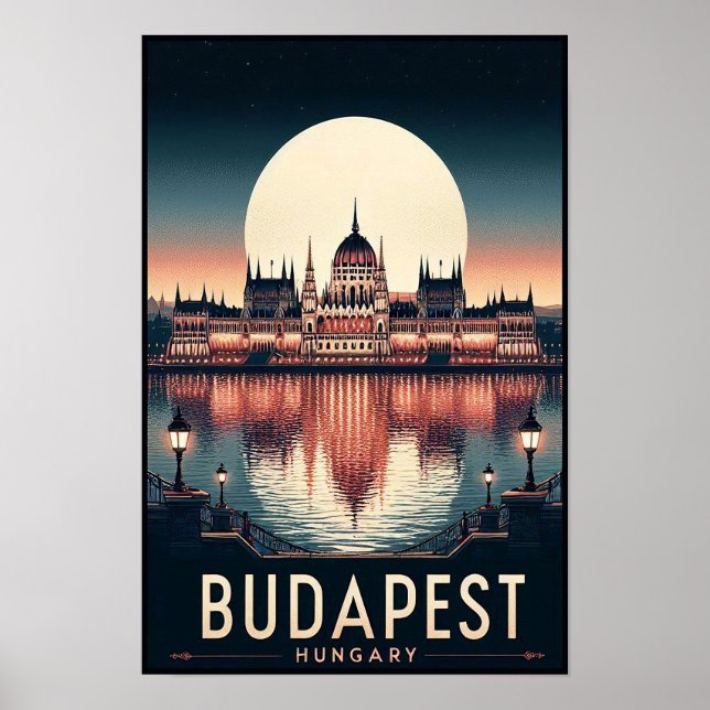 Póster Budapest de noche - Un Poster de viajes de época (Frente)