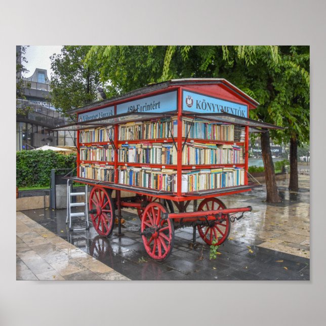 Póster Budapest, Hungría, carrito de libros (Frente)