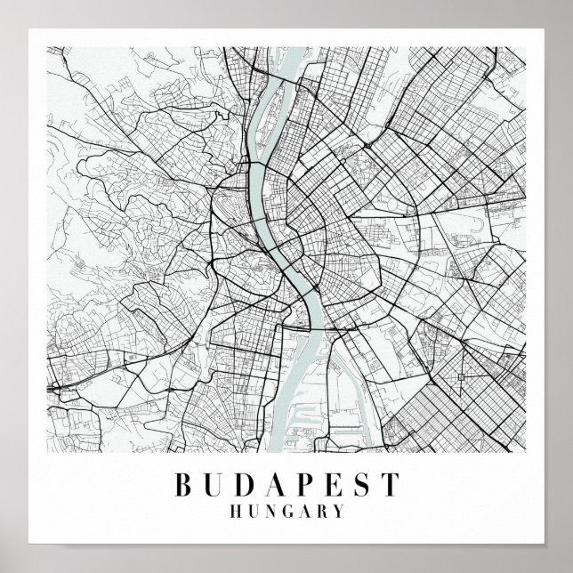 Póster Budapest Hungría: Mapa de la Calle de Agua Azul (Frente)