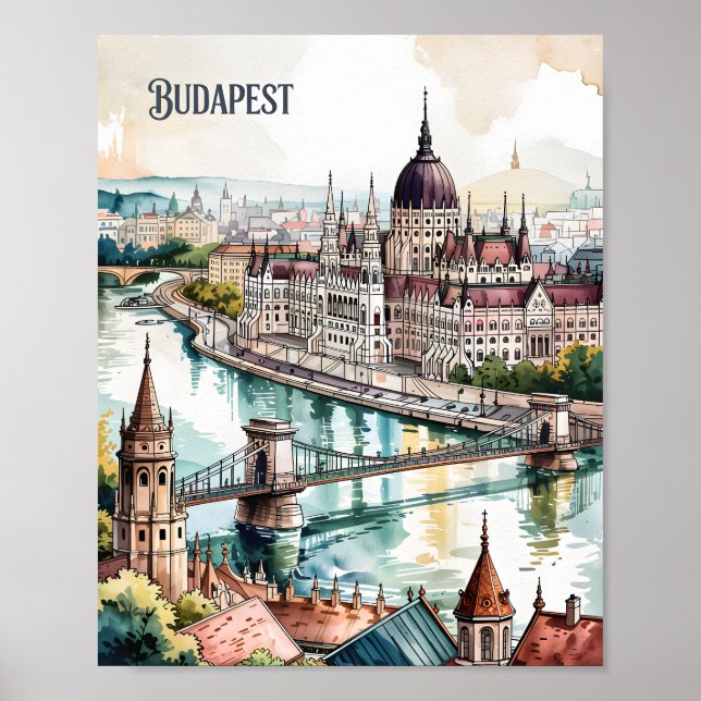 Póster Budapest Hungría Parlamento Río Danubio Silueta (Frente)