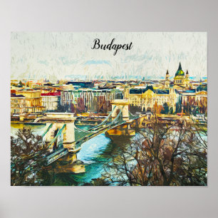 Póster Budapest Hungría Vista panorámica de pintura al pe