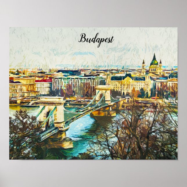 Póster Budapest Hungría Vista panorámica de pintura al pe (Frente)