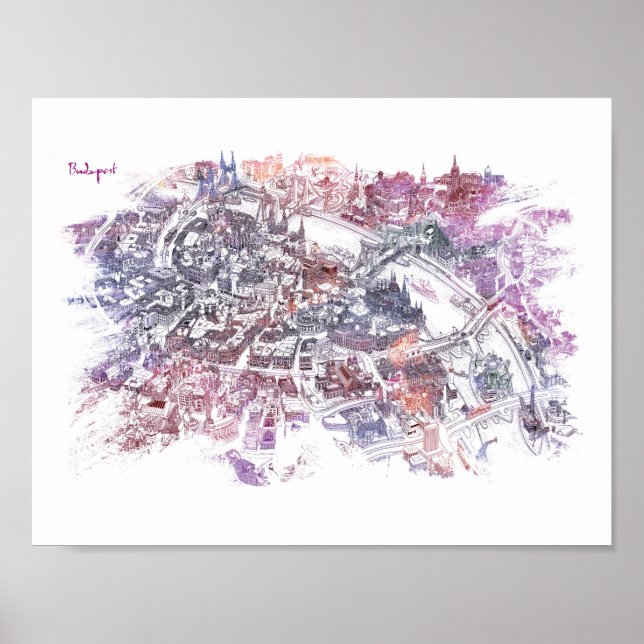 Póster Budapest - Mapa de vista de ojos de pájaro (púrpur (Frente)