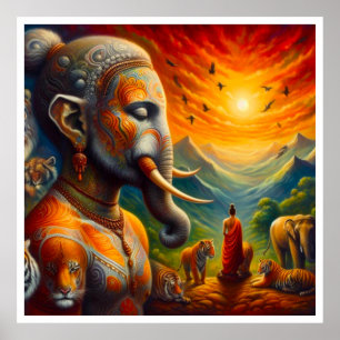 Póster buddha espiritual y elefante
