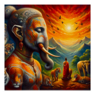Póster buddha espiritual y elefante