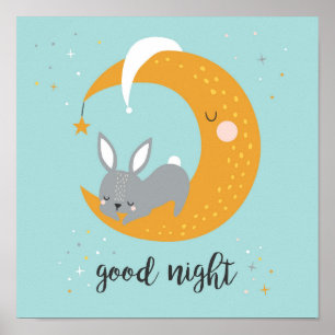 Póster Buenas noches con conejo y luna