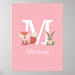 Póster Buey Cute Fox Y Rabbit Forest Animals Monograma Ro