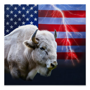 Póster Búfalo Blanco Con Bandera Estadounidense Y Rayo