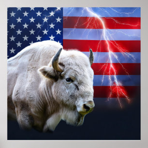 Póster Búfalo Blanco Con Bandera Estadounidense Y Rayo