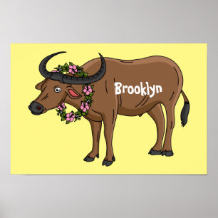 Póster Búfalo de agua con flores ilustracion personalizad