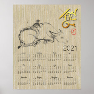 Póster Búfalo de agua infantil Calendario chino del año d