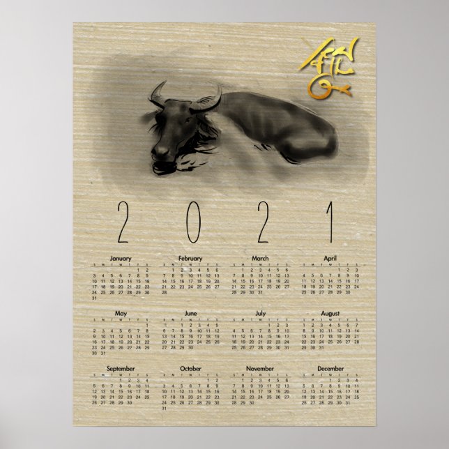 Póster Búfalo de agua Ox chino Calendario de Año Nuevo 18 (Frente)