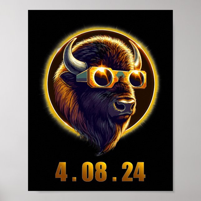 Póster Búfalo de Bison con eclipse solar de 2024 (Frente)
