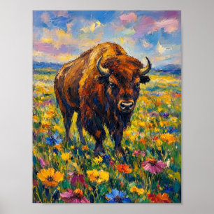 Póster Búfalo en campo de flores silvestres Pintura de ar