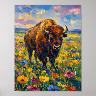 Póster Búfalo en campo de flores silvestres Pintura de ar
